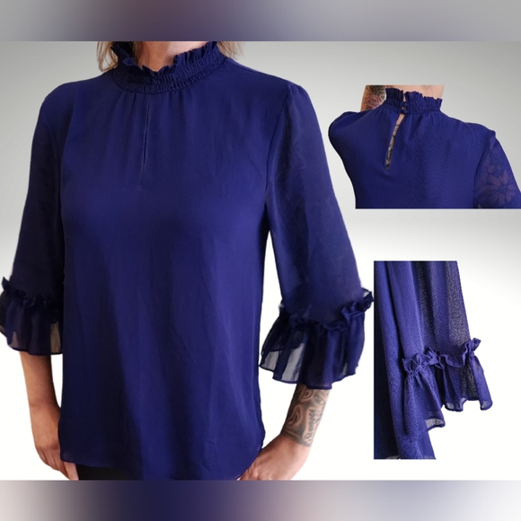 Ann Taylor Factory Tops - Ann Taylor factory royal blue 3/4 sleeve blouse, high neck, peek-a-boo, sz M